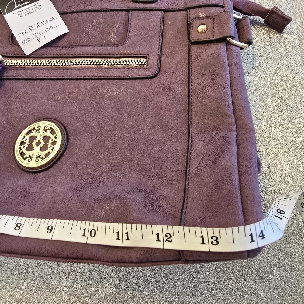 Chateau Purple Satchel Handbag NWT Gold Medallion Logo Front Zip Shoulder Bag - Picture 10 of 11